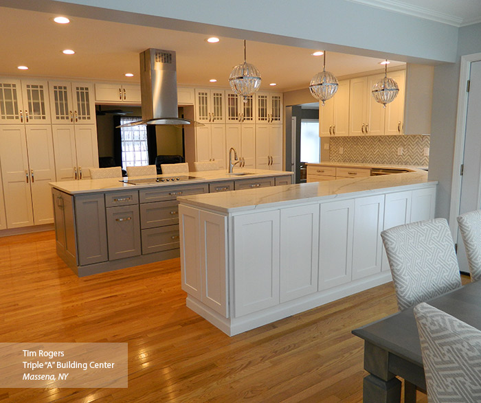 White and gray painted Shaker style kitchen cabinets