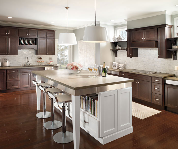 dark cherry cabinets with large white kitchen island - homecrest