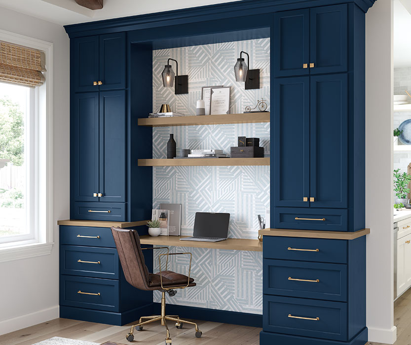 Home Office with Built-In Blue Desk Cabinets
