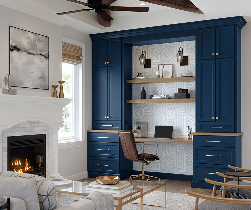 Home Office with Built-In Blue Desk Cabinets