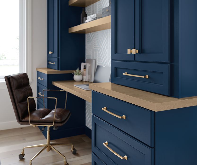 Home Office with Built-In Blue Desk Cabinets - Homecrest Cabinetry