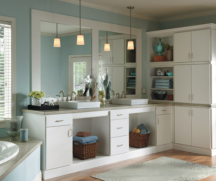 White bathroom cabinets in Rainier door style