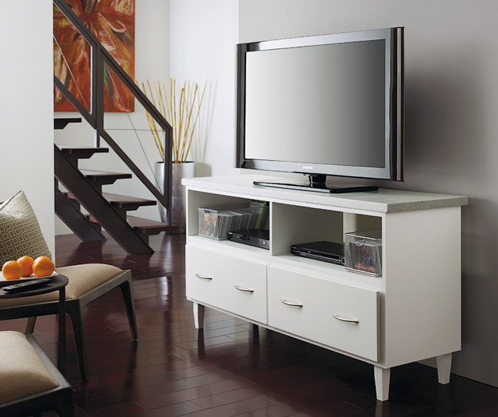 White media storage cabinet in an entertainment room