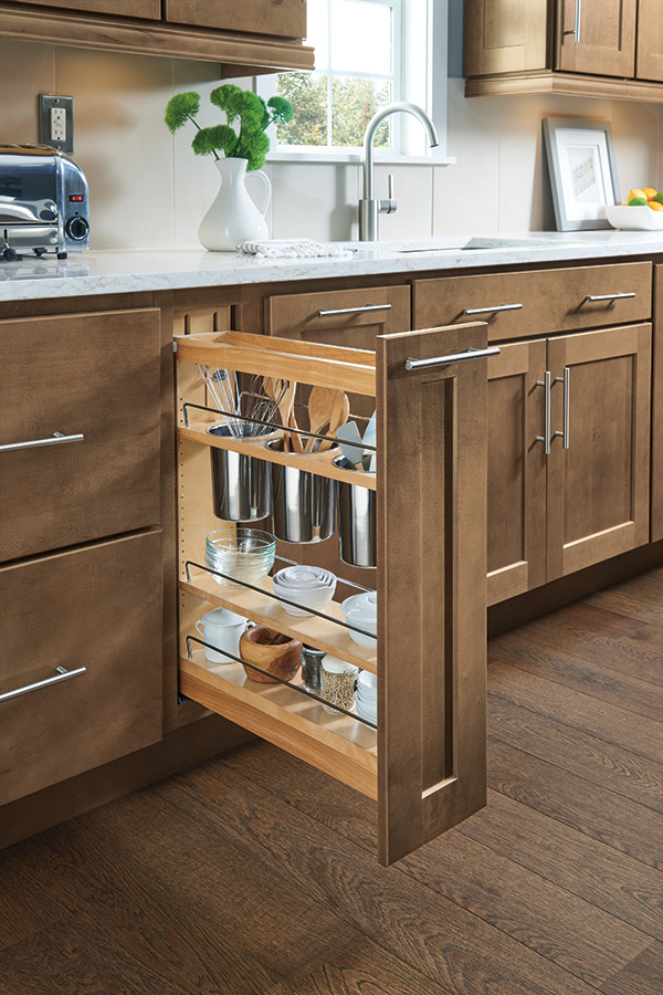 base utensil pantry pullout cabinet in natural wood