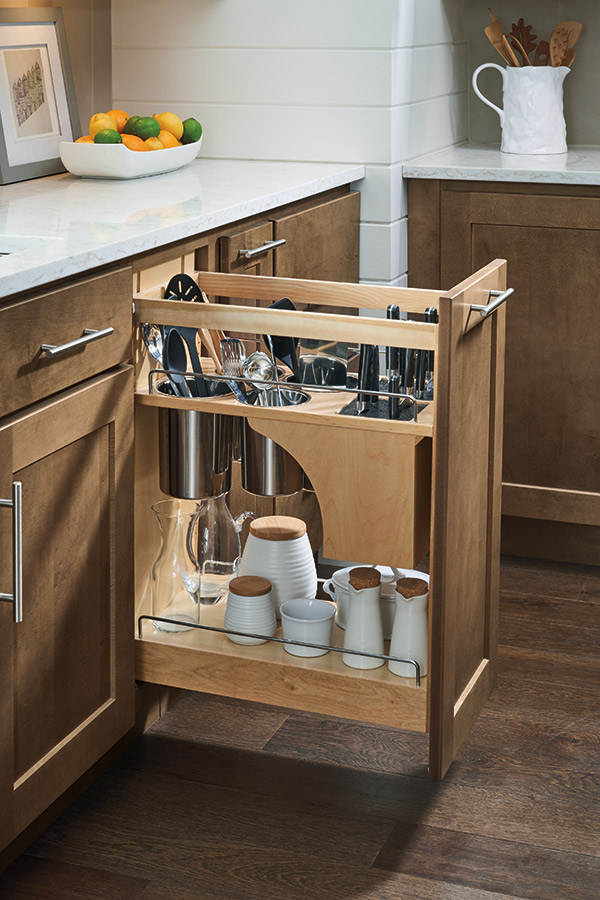 base utensil pantry pullout cabinet with knife block in natural wood