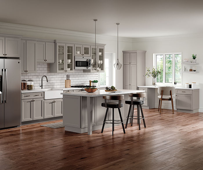 gray cabinets in transitional kitchen