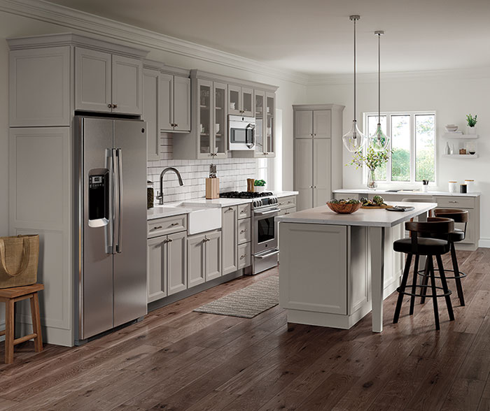 gray cabinets in transitional kitchen