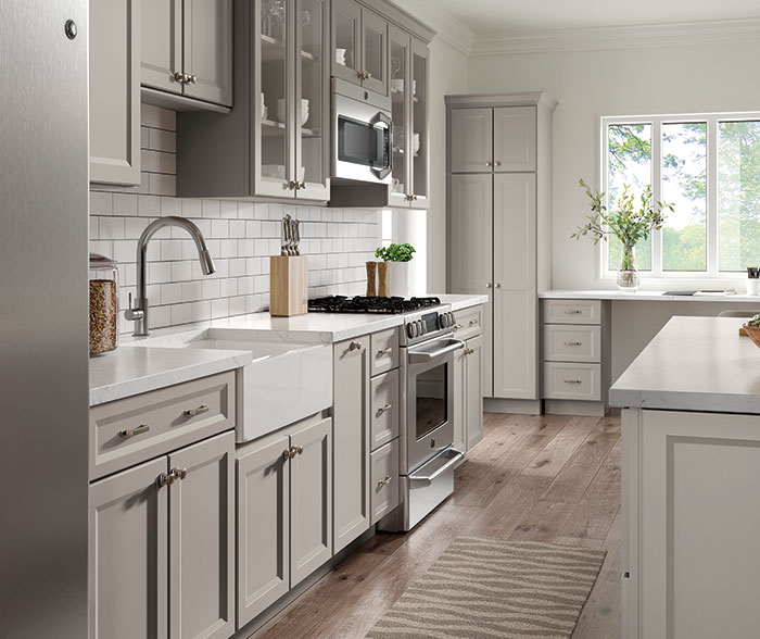 gray cabinets in transitional kitchen