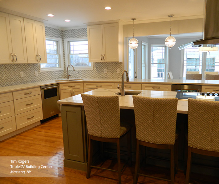 White and gray painted Shaker style kitchen cabinets