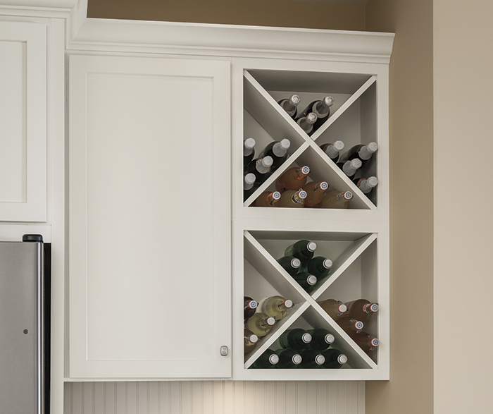 Close-up of wine storage in kitchen with Sedona white Shaker cabinets