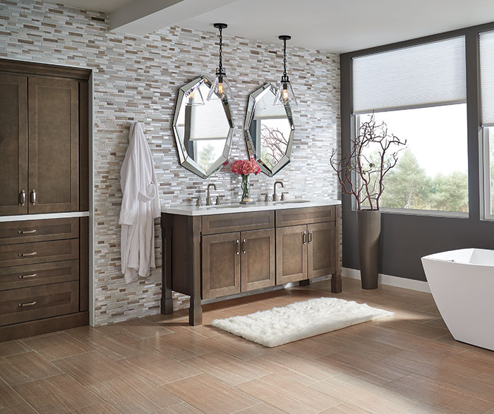 natural wood cabinetry for cupboards and under sink in bathroom