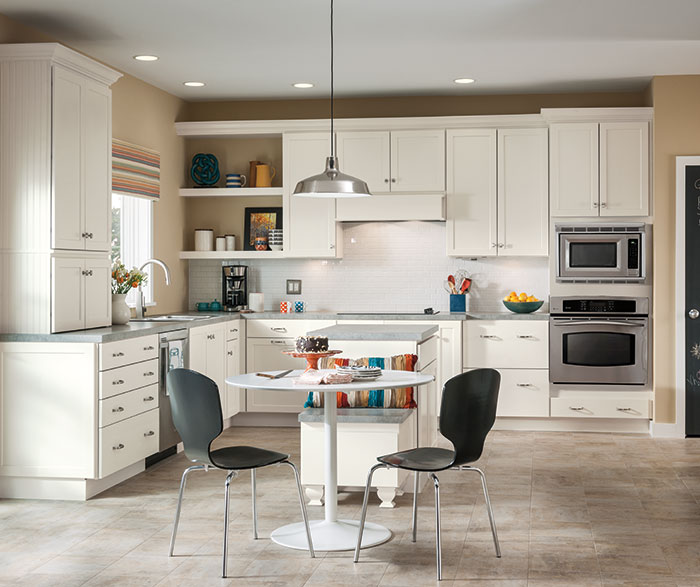 white shaker cabinets in casual kitchen